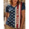 V-Neck Short Sleeve T-Shirt With Blue White Striped Print Loose Fit Casual Top Women 2025