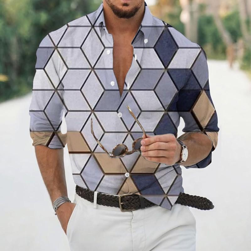 2025 Geometric Three-dimensional 3D Printed Casual Lapel Long-sleeved Shirt Spring and Autumn Men's Trendy Versatile Shirt for Men