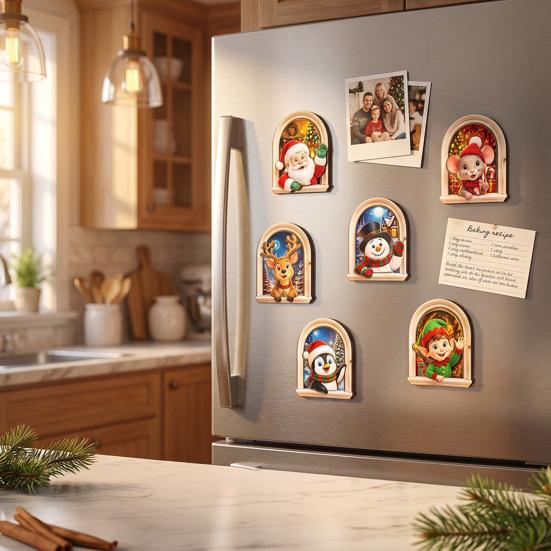 Natural Wood Holiday Accents Arch Wooden Christmas Fridge Magnet Set, Window Frame Refrigerator Decorative Magnets Magnetic Decor for Metal