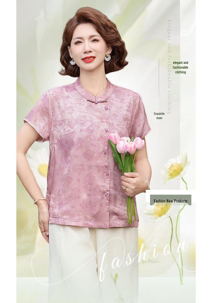 2026 New Style Chinese Stand Collar Top: Fashionable Printed Frog Button Shirt for Middle-Aged & Elderly Women