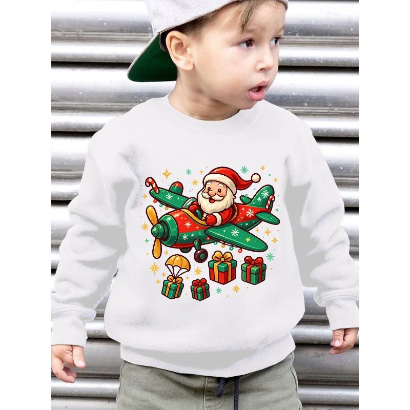 European Size A Loose-Fitting, Casual Long-Sleeve Sweatshirt for Unisexs Featuring a Cartoon Santa Claus Design with a Propeller Plane