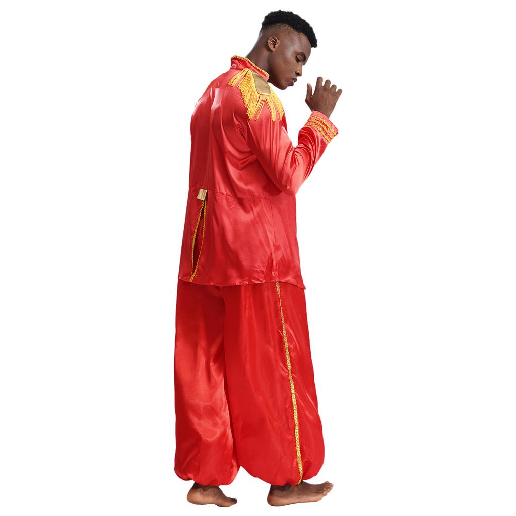 Heren Halloween Hippie Middeleeuws Lange Bovenkleding Kwast Schouderstukken Gouden Biesjes Rits Voorzijde Satijnen Jas en Broek Set