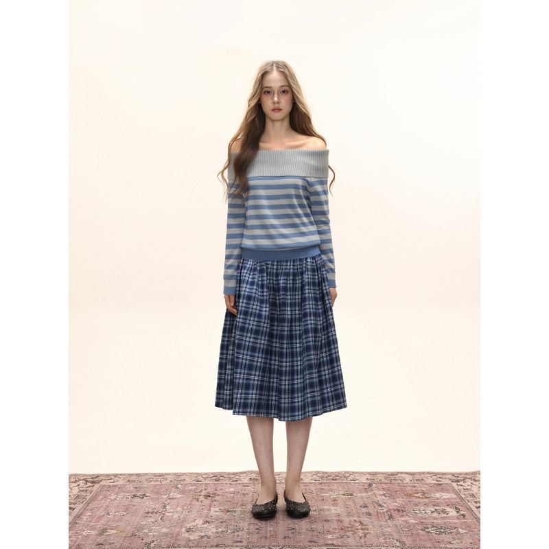 Shiyiyue American-Style Color-Block Striped Knit Sweater for Women, Autumn and Winter Design, Loose Off-Shoulder Versatile Top