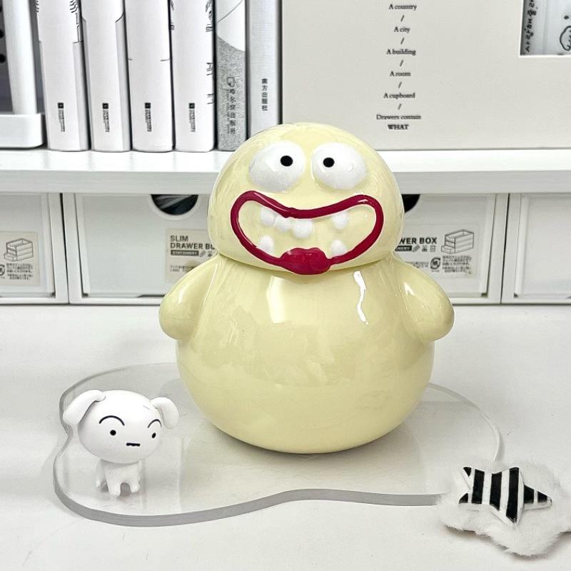 

Cute big mouth mud monster ceramic mug with lid creative funny water cup household coffee milk cup birthday gift 401-500ml
