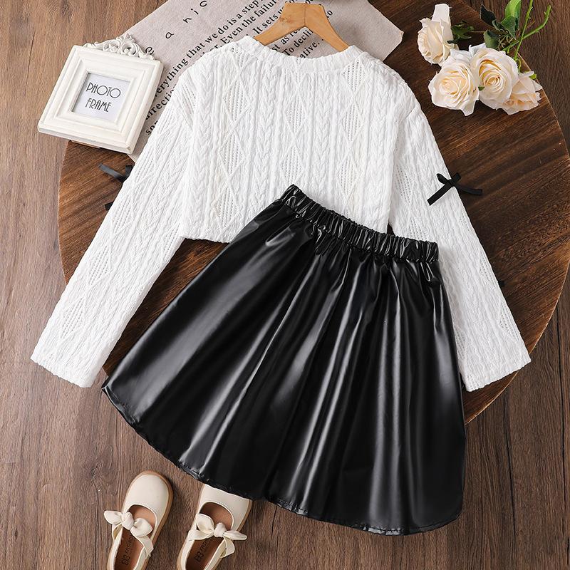 Flickors Mode Set Höst Barns Söt Rosett Långärmad Topp och Kjol Tvådelat Set