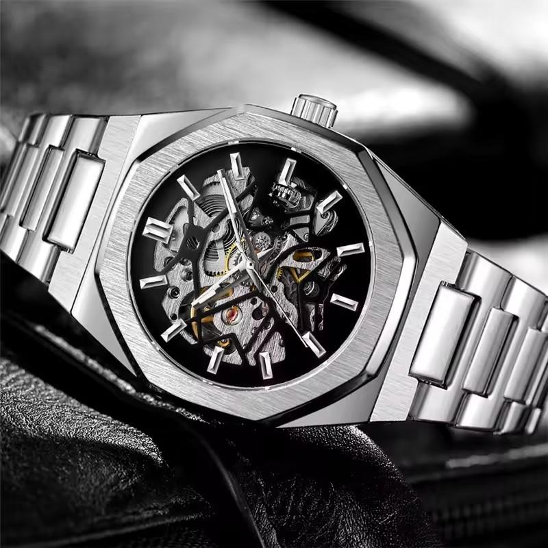 FORSINING 344D Modische Skelett-Herren-Mechanikuhr Automatikwerk Zeiger Nachtlicht Stahluhr Fortschrittliche Herrenuhr