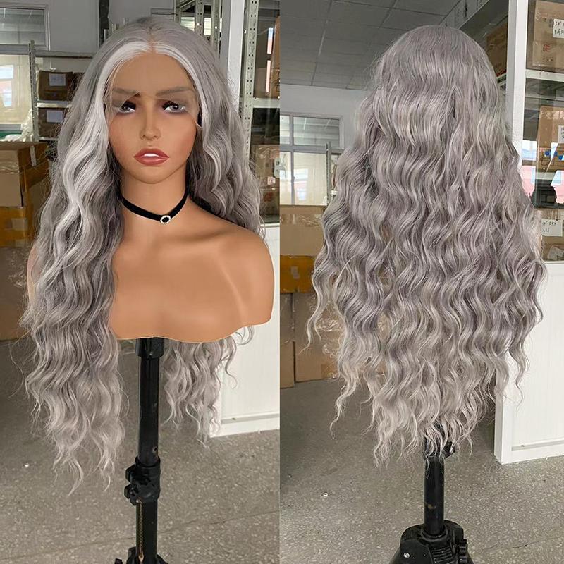 AIMEYA Black Wig with White Highlights Long Body Wave Synthetic Lace Front Wig Natural Hairline Daily Use Halloween Cosplay Wig (Silver White,26inches&Lace Front) серебро белый