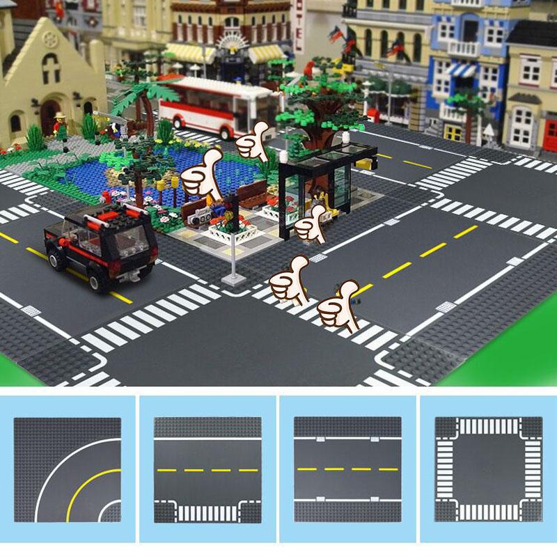 City Road Street Baseplate Straight Crossroad Curve T-Junction Building Blocks 8810 8811 Base Plate Compatible Classic Bricks