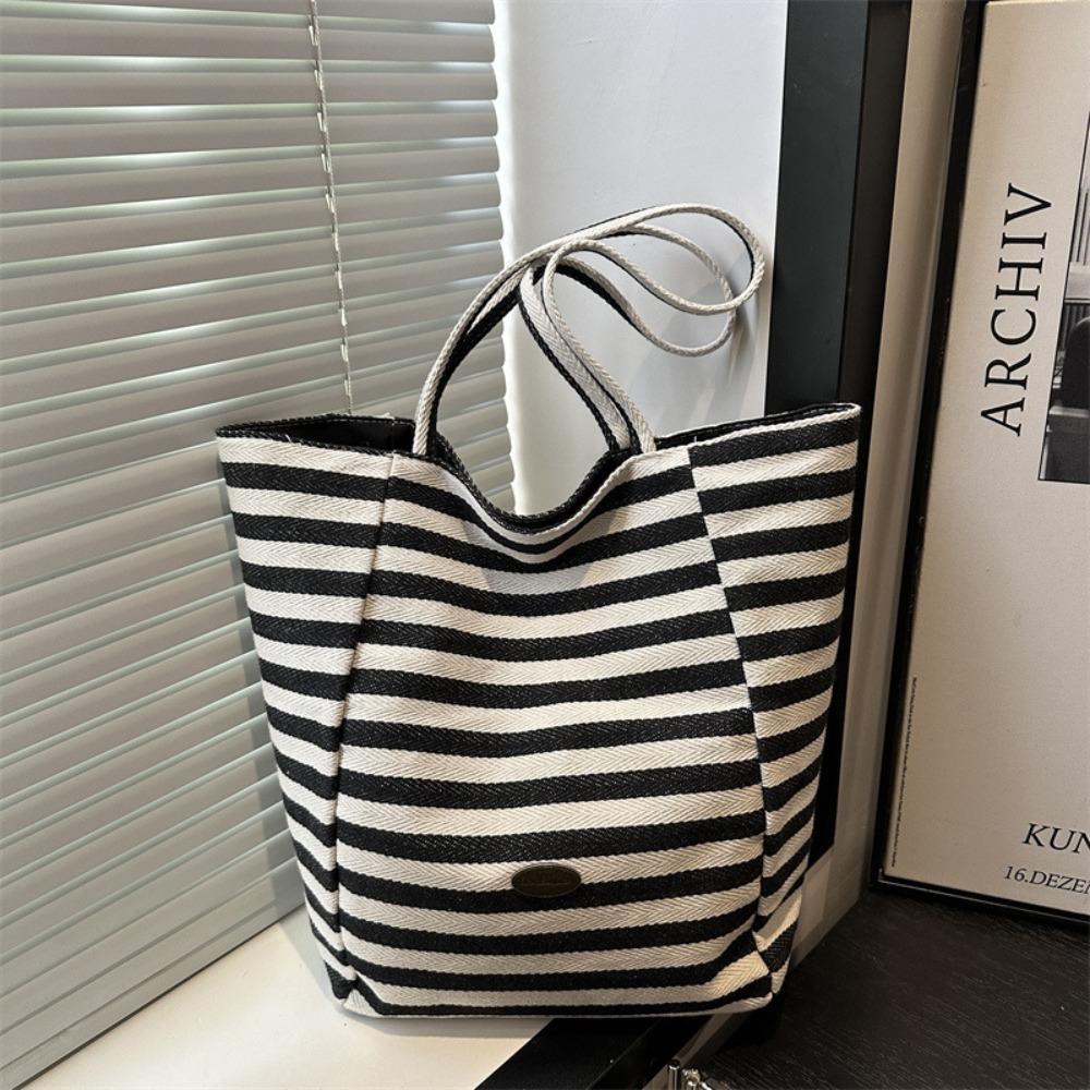 Letter Stripe Canvas Bag Striped Tote Bag Simple Cloth Shoulder Bag  Girls