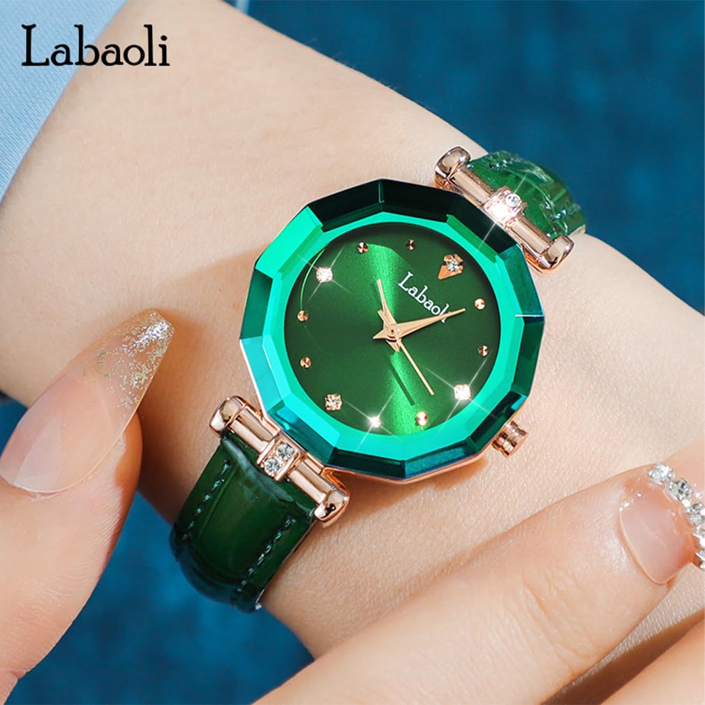 Stylish and Cute Crystal Watch for Women with a Leather and a Lovely Gift for Strap. Waterproof, Brand-name, Business-friendly, Her. Green.