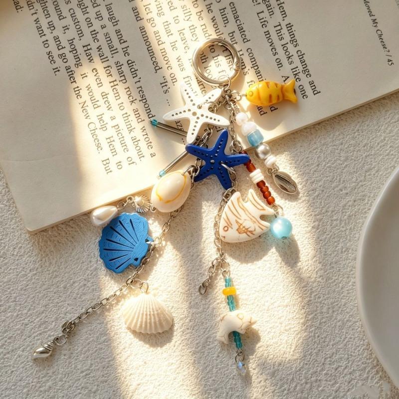 1Pcs Summer Themed Key Chain Scallop Shell Starfish Pendant Handmade Cute Decor for Women Daily Use Bag Car Key Gifts