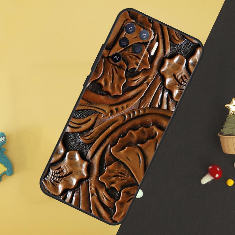 Brown Tooled Leather Pattern Case For Oppo A58 A78 A98 A18 A38 A74 A94 A54 A15 A17 A57 A6 A5 Pro A16 A76 A96 A40 A60 A80