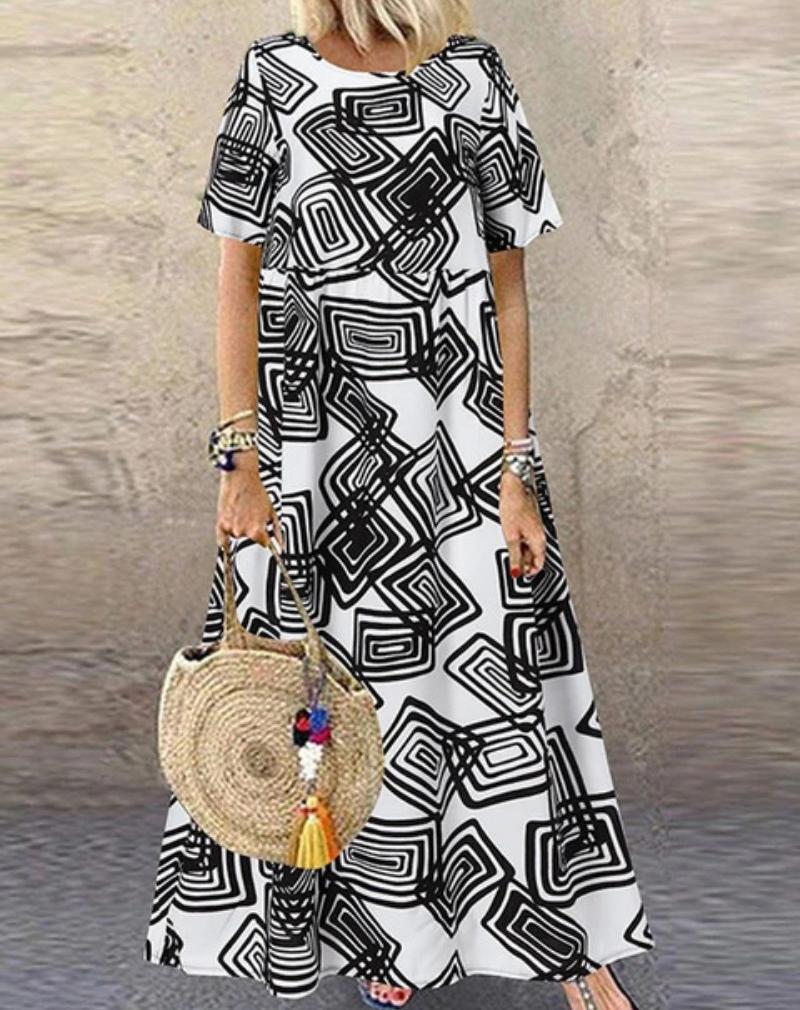 Plus Size Summer Loose Long Sleeve Round Neck Floral Print Casual Women's Holiday Beach Dress Vintage Style Maxi Dress