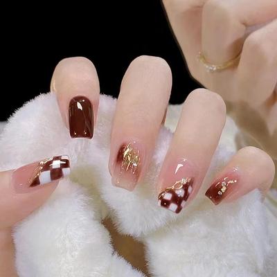 24 Pcs Early Autumn White Brown Manicure Fine Flash Wearing Nail Checkerboard Color Block Chocolate Fake Nails