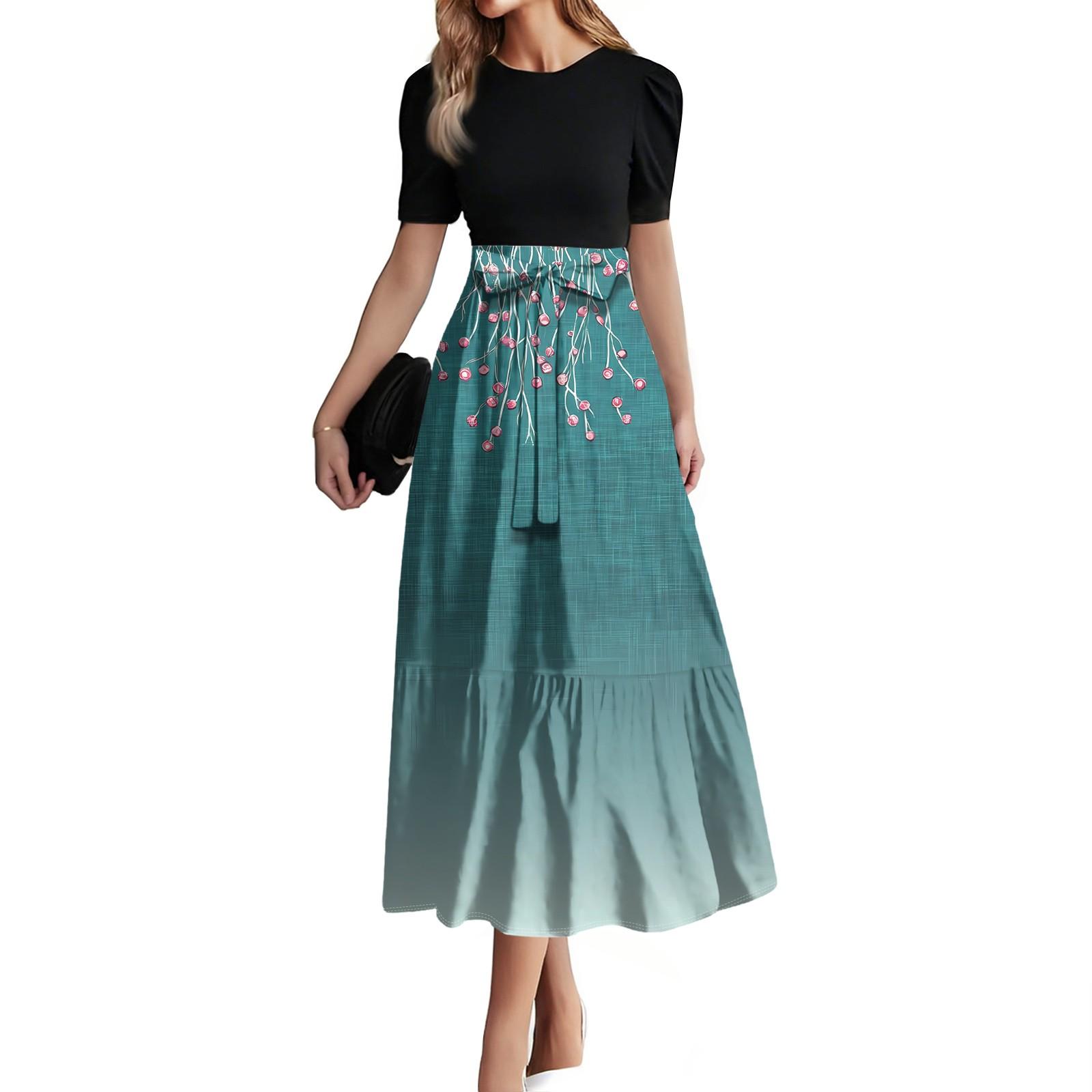 

Women s Fashion Casual Belt Short Sleeve Print Round Neck Stitching Elegant Temperament Dress XL