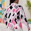 Women Plus Size Printed Collared Long Sleeve Shirt Button Front Curved Hem Pink Black White Gray