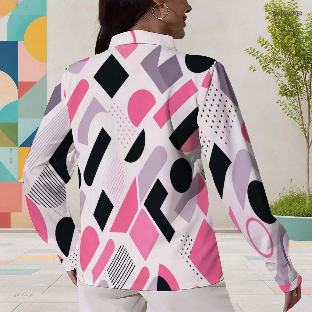 Women Plus Size Printed Collared Long Sleeve Shirt Button Front Curved Hem Pink Black White Gray
