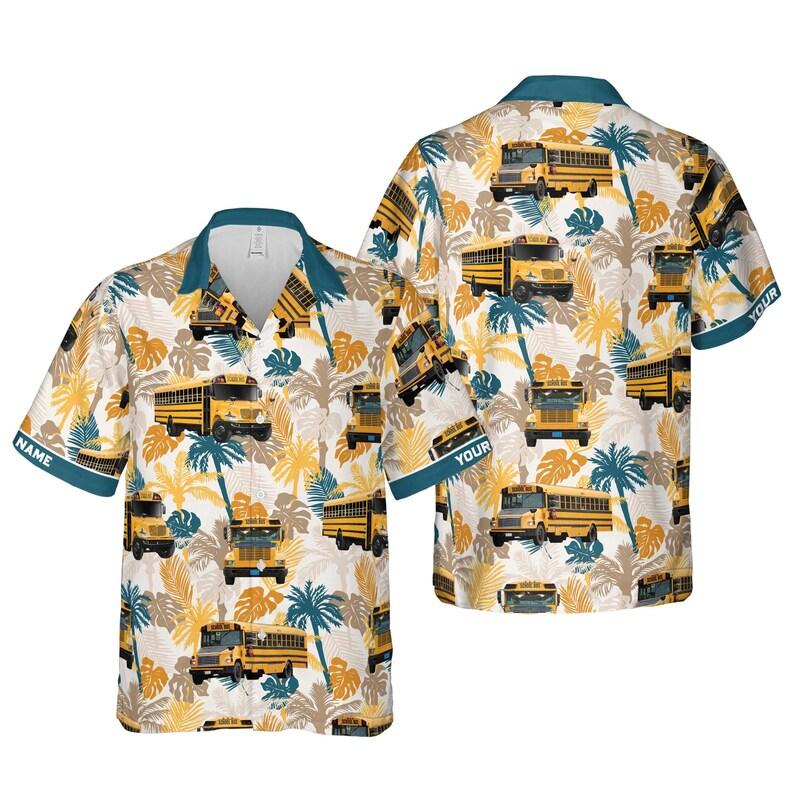 Men's School Bus & Tropical Floral Print Hawaiian Shirt Casual Button Down Short Sleeve Beach Shirts For Summer Holiday