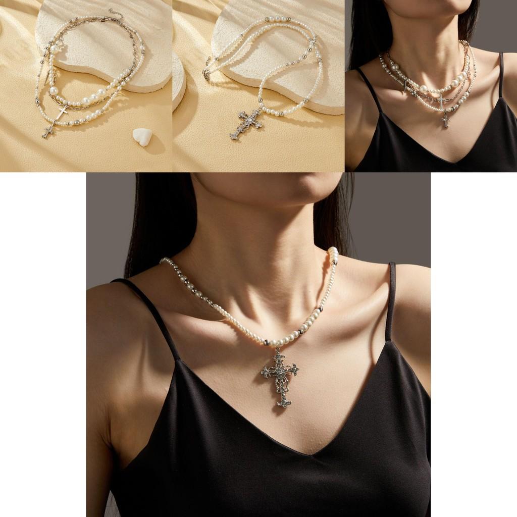 Unique Geometric Design Cross Pearl Necklace For Women With Stylish Charm