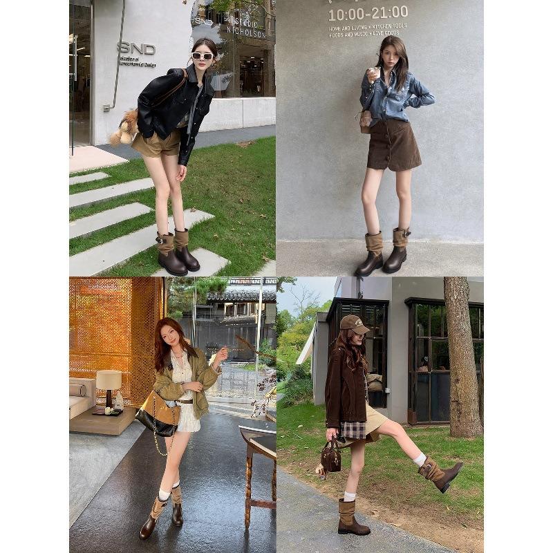 Cowhide Version Ma Sichun Fashionable Leather Buckle with Round Head Splicing Thick Heel Knight Boots Women's Boots Stacking Boots