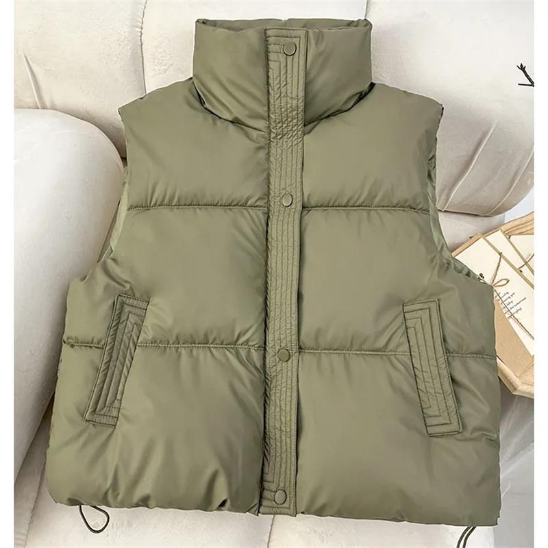 

Осень-зима корейский свободный пуховый хлопковый жилет женский короткий воротник-стойка безрукавка пальто модный жилет жилеты XL зелёный