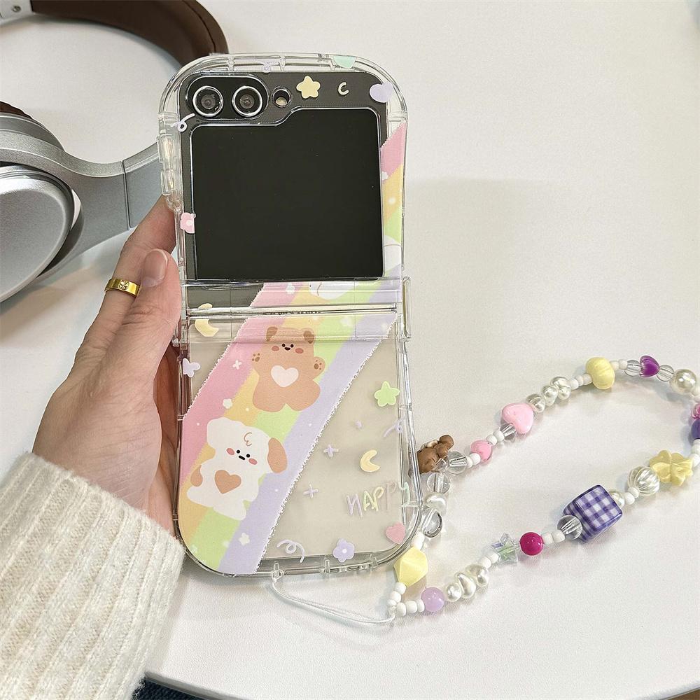 Braccialetto Orsetto Cartone Animato Carino Custodia Arcobaleno per Samsung Galaxy Z Flip 6 5 4 3 flip6 Catena da Polso con Perline Copertura Morbida in Silicone Antiurto