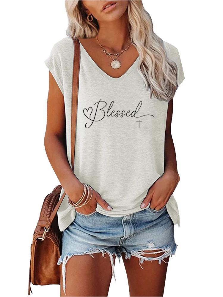 Women Fashion Printed Top Summer V Collar Tee Shirt Ladies Casual Short Sleeve T-shirt