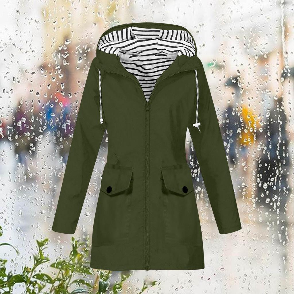 Women Solid Stripe Rain Jacket Outdoor Plus Waterproof Hooded Raincoat Windproof