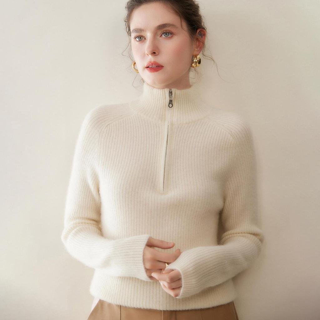 Zipper Lapel Cashmere Knit Loose Long Sleeve Pullover Sweater for Autumn/Winter