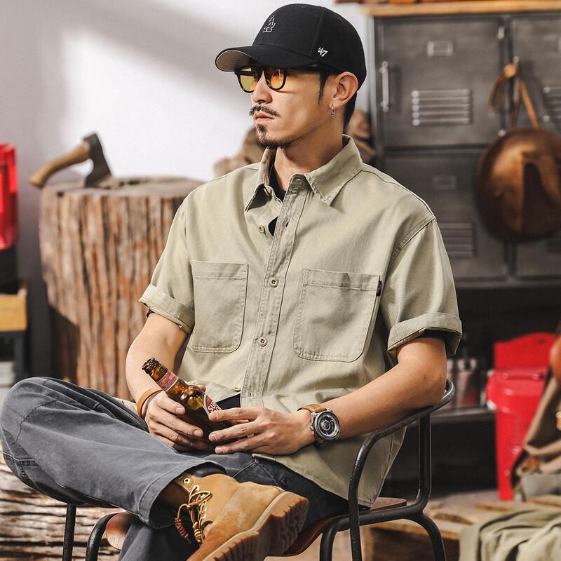 Jieleinuo Men s Summer Lyocell Blend American Retro Utility Short Sleeve Shirt XL (145-160 lbs)