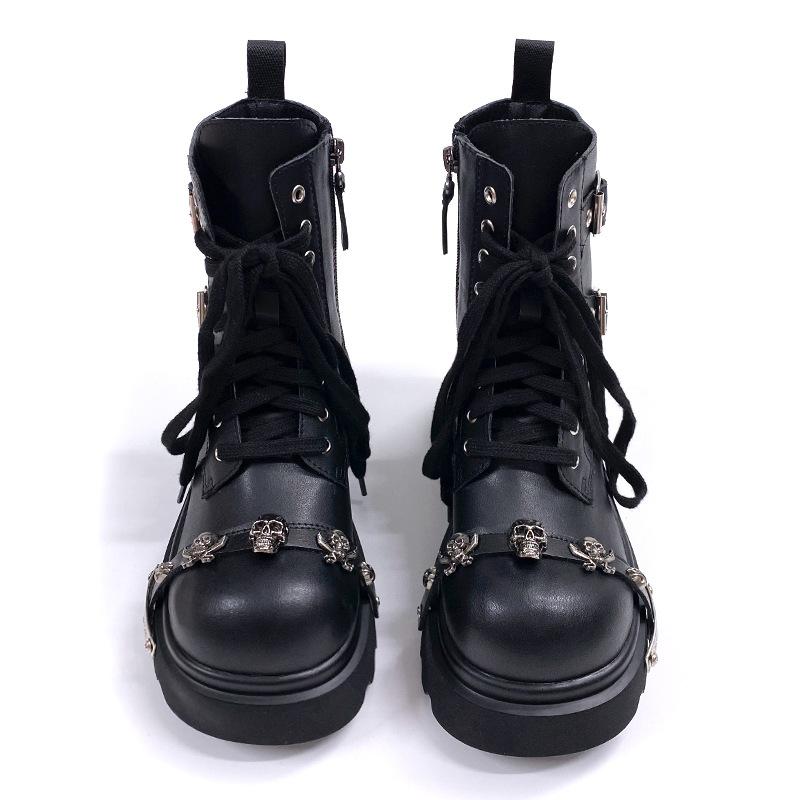 Punk Cos Erhöhte Plateau-Martinsstiefel Damen Frühling und Herbst Kleiner Goth-Stil Nieten Dunkler Babes-Stil Lokomotive Stiefel