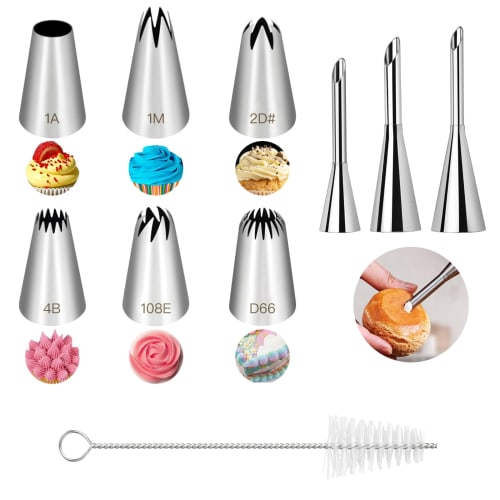 

Kyododoya 6-Piece Piping Tips and 3-Piece Cream Puff Tips, Round, Flower, and Flat, 304 Stainless Steel, for Cake Decorating, Cookies, and Baking