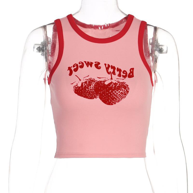 

Европейский и американский Instagram, ретро, ​​розовый клубничный принт, Y2K, сексуальный короткий топ с контрастной вставкой без рукавов, пикантная женская майка для девочек L розовый