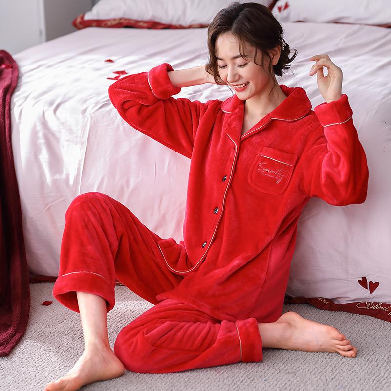 Autumn And Winter Wedding Pajamas Women'S Coral Fleece Fleece Thickened Winter Flannel Red Natal Year Bridal Suit