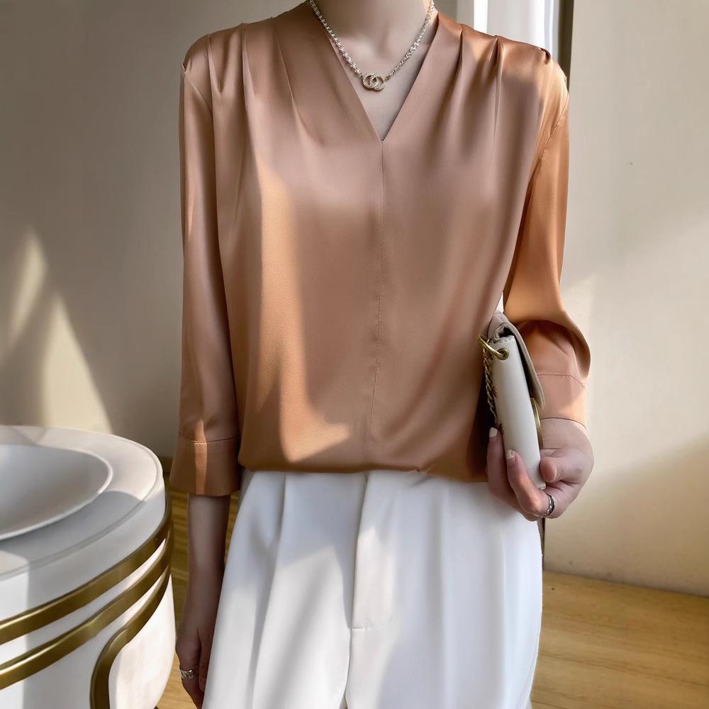 Top Estivo da Donna in Raso con Scollo a V e Maniche Lunghe