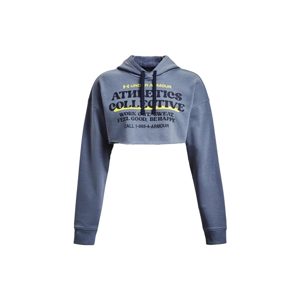 Under Armour Letter Print Hooded Drawstring Cropped Long Sleeve Sweatshirt Women Sweatshirt Blue 1374527-767