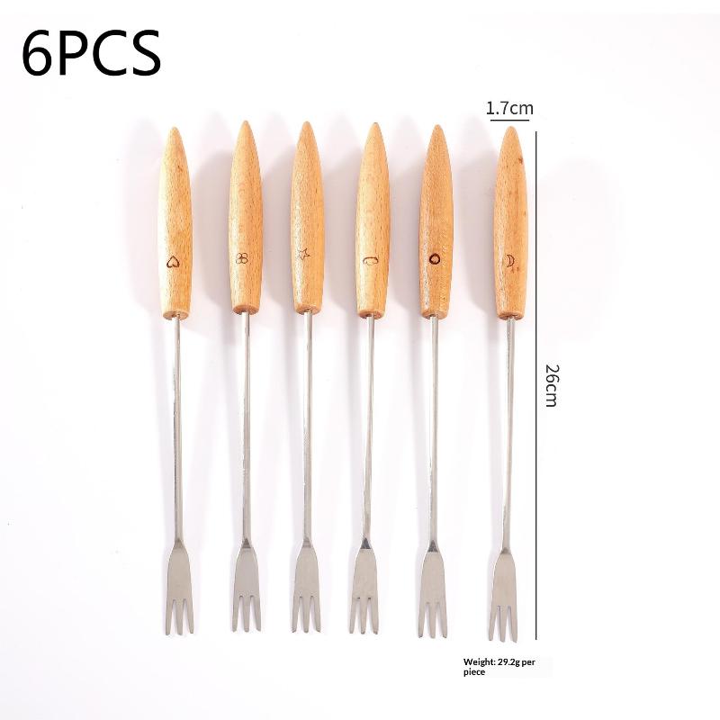 Fondue Fork Set for Chocolate Cheese BBQ Reusable Stainless Steel Wooden Handle Fruit Forks for Party Dipping and Grilling