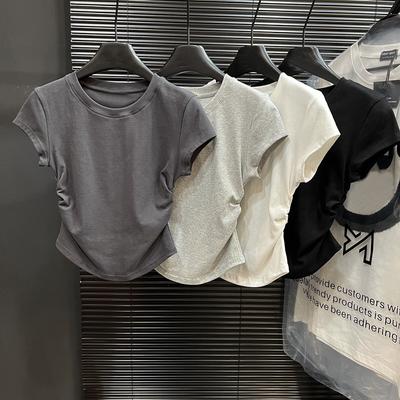 Modny T-shirt damski z krótkim rękawem i okrągłym dekoltem, na lato, nowy, gładki, dopasowany, elegancki, luźny, prosty, plisowany, krótki top 26366