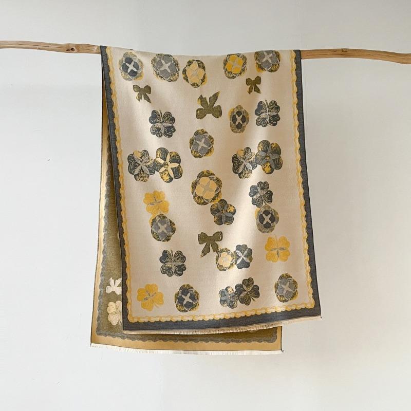 Elegant Camellia Double Sided Printed Warm Imitation Cashmere Scarf For Women