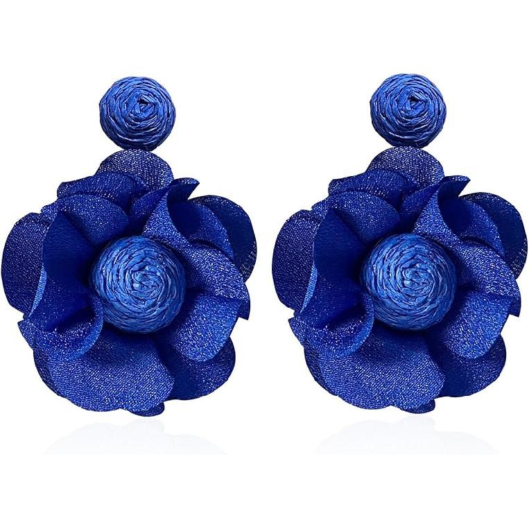 Rattan Earrings Summer Boho Handwoven Big Fabric Chiffon Rattan Flower Drop Earrings Statement Tropical Beach Vacation Jewelry