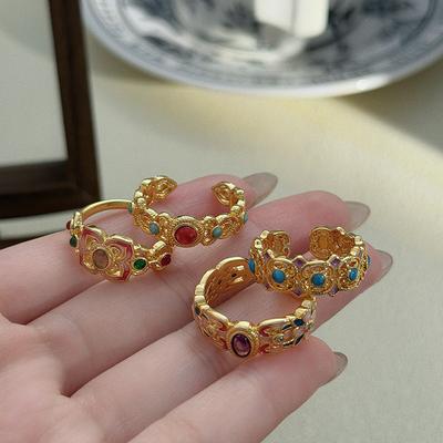 National Tide Style Retro Enamel Color Open Ring Medieval Vintage Flower Niche High-End Ring