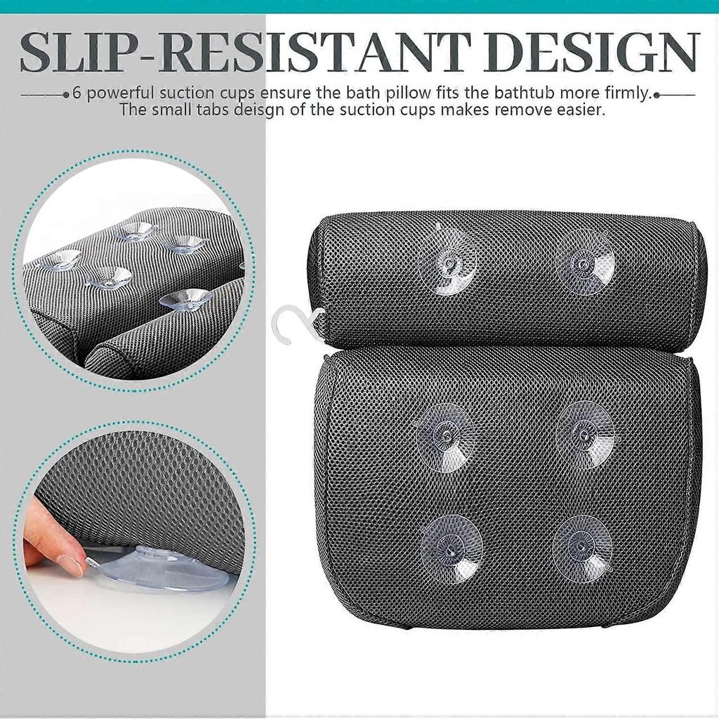 Bath Pillow for Head and Neck with 6 Non-Slip Suction Cups, Ergonomic Bathtub Pillow Home Spa Headrest
