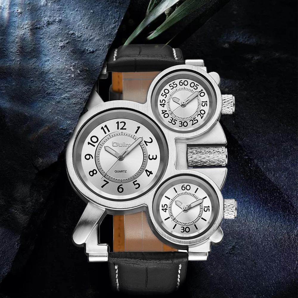 Oulm Herrenuhr Business Casual Quarzuhr Multi-Zeitzone Leder
