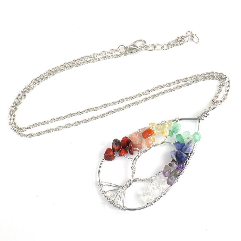 Silver Tree of Life Necklace with Seven-Color Natural Stone and Crystal Water Drop Pendant