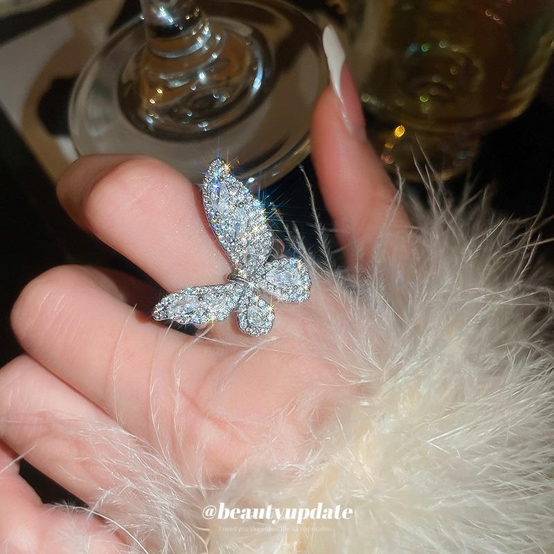 Zircon Butterfly Open Ring Super Immortal Temperament Light Luxury Index Finger Ring Mori Sweet Girl High-end Ring Jewelry