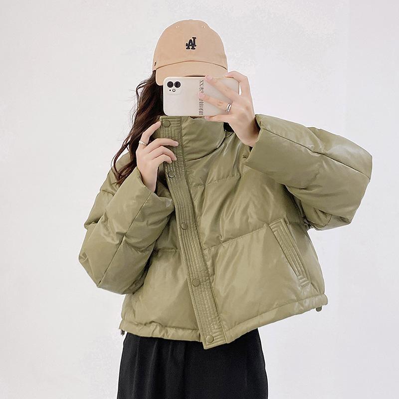 Parka scurtă de iarnă caldă pentru femei, jachetă pufă din piele artificială, cu fermoar, cu mânecă lungă