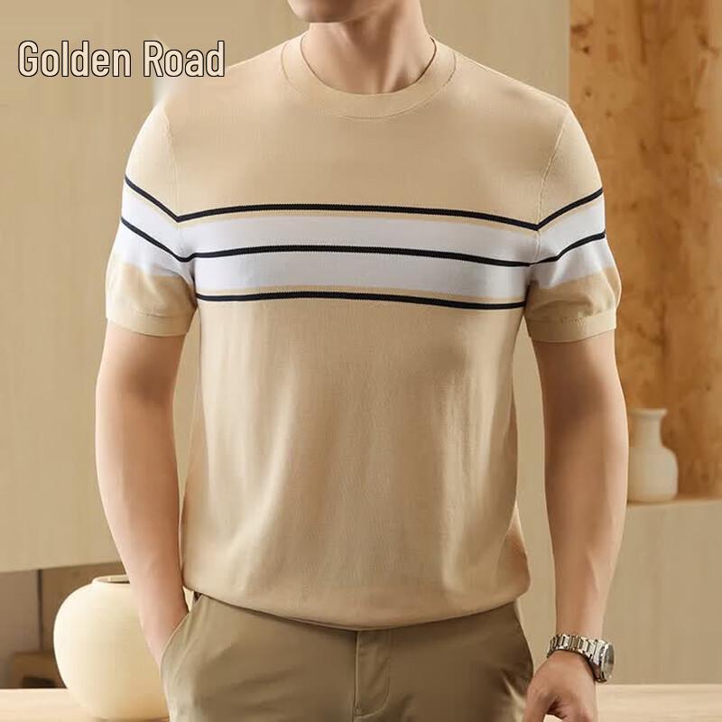Golden Chrysanthemum Men s Striped Tencel Silk Blend Short Sleeve T-Shirt 3XL