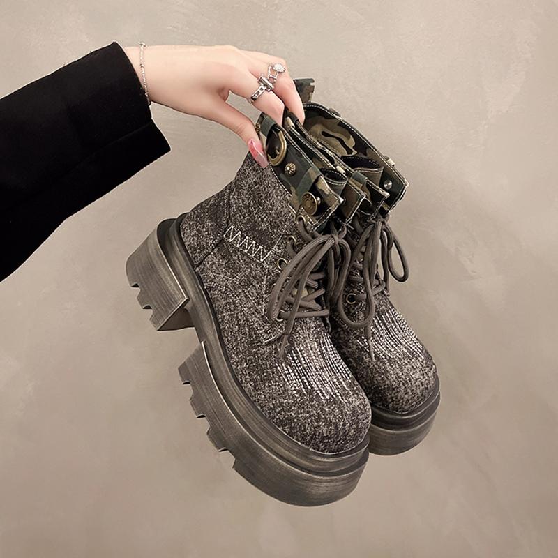 2024 New Women's Thick-soled Elevated Workwear Short Motorcycle Boots Retro Denim Lace-up Western Cowboy Boots for Women