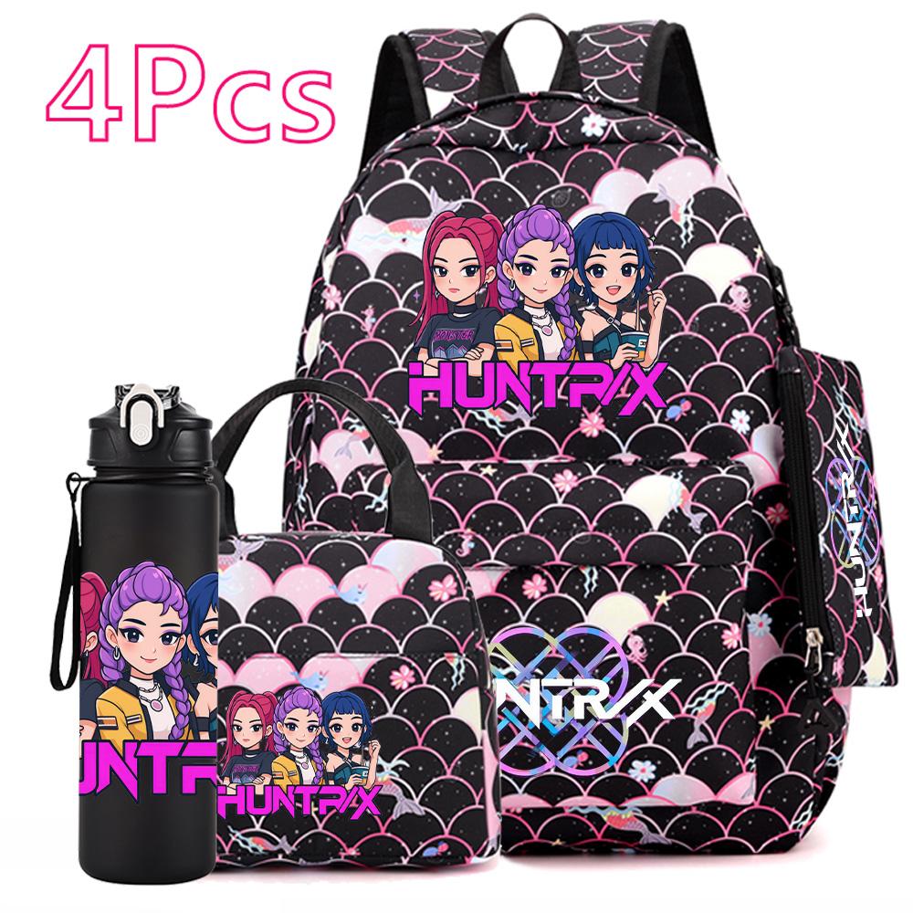 4Pcs/set Anime Cartoon Printed Backpack with Handbag Pencil Case 750Ml Water Bottler for Teenager Boy Girl Large Capacity Bookbag Schoolbag Mochila