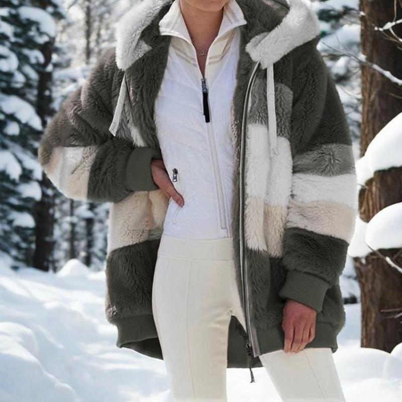 Warm plush patchwork zipper pocket hooded loose jacket